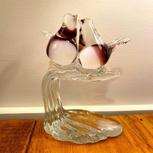 Murano style glass lovebirds on perch. Purple & white in clear glass lovebirds.